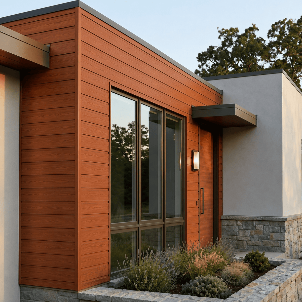 Revestimiento exterior metal siding Cedro detalle perfil rojizo | SRJ Tu Hogar Uruguay