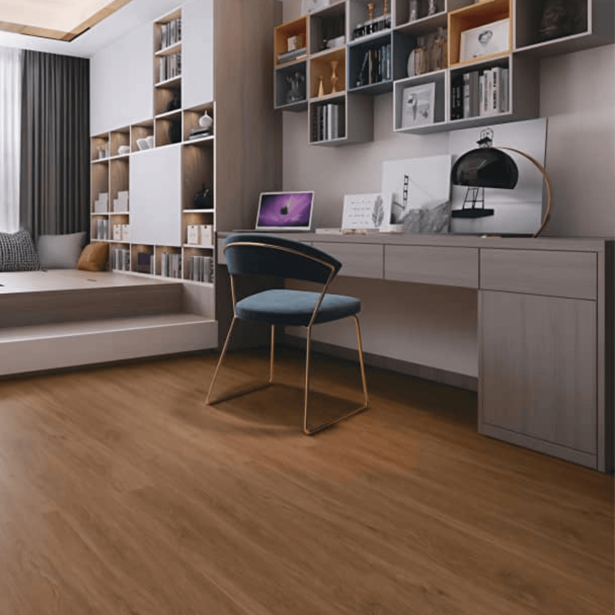 Piso vinílico SPC Roble Miel detalle veta madera miel calida | SRJ Tu Hogar Uruguay