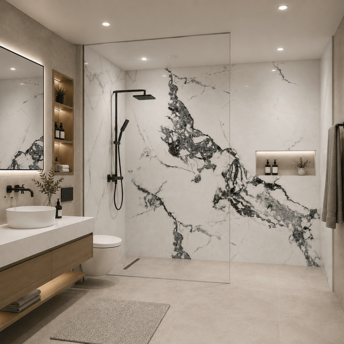 Revestimiento PVC símil mármol Calacatta Black pared elegante | SRJ Tu Hogar Uruguay