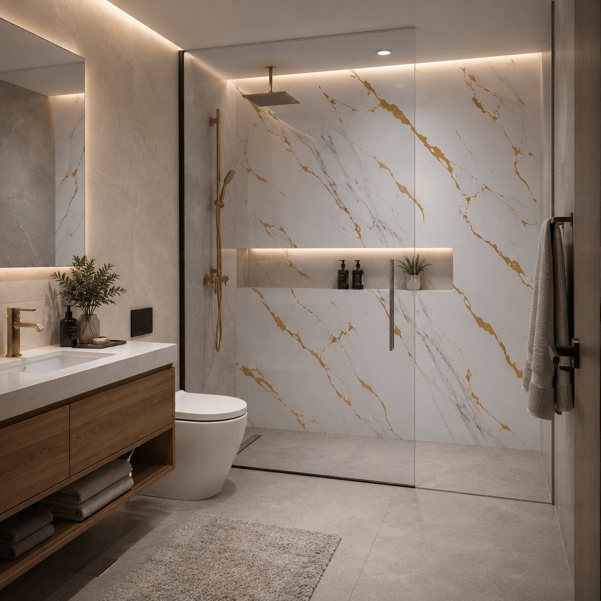 Revestimiento PVC símil mármol blanco dorado pared premium | SRJ Tu Hogar Uruguay
