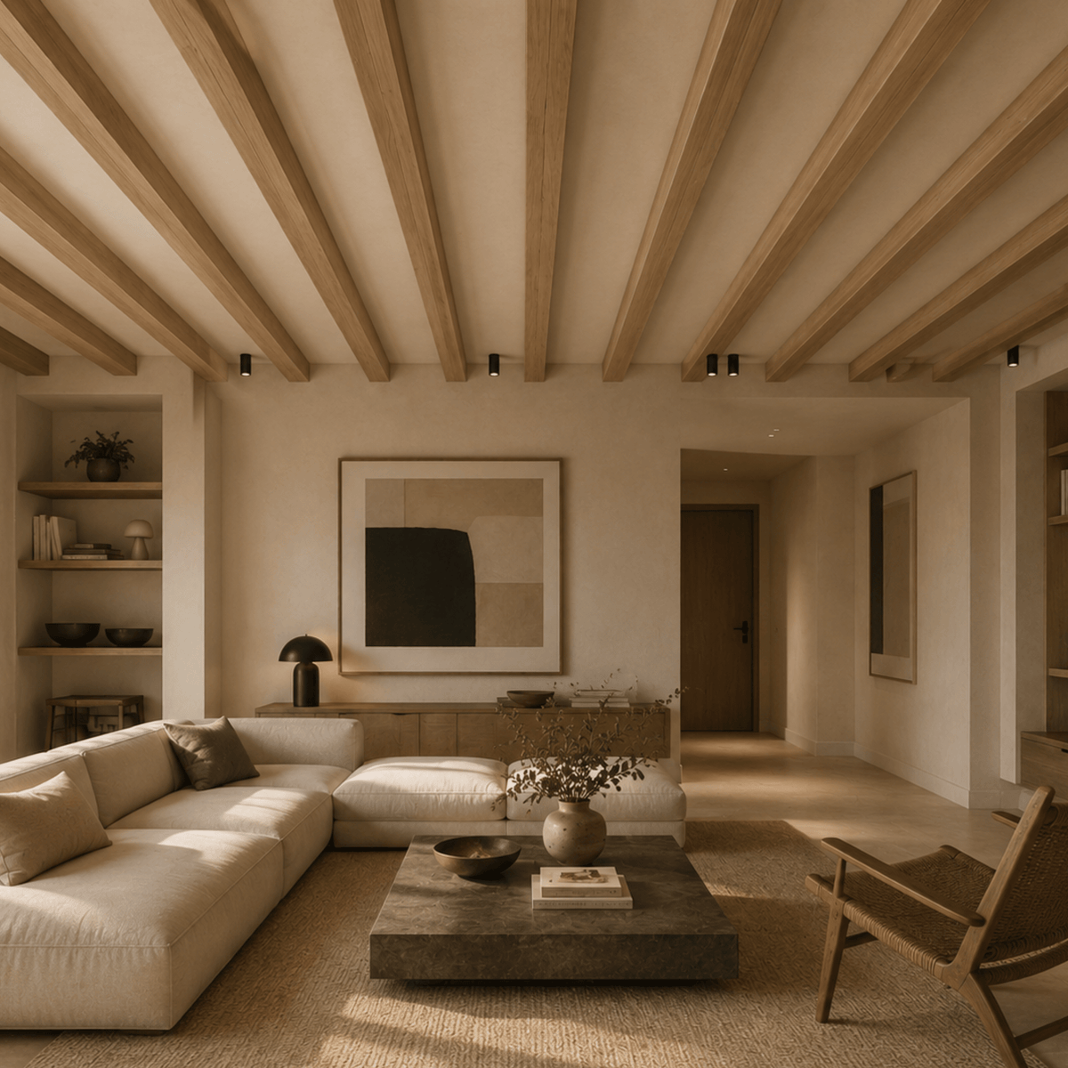 Viga decorativa interior Encino detalle acabado roble claro | SRJ Tu Hogar Uruguay