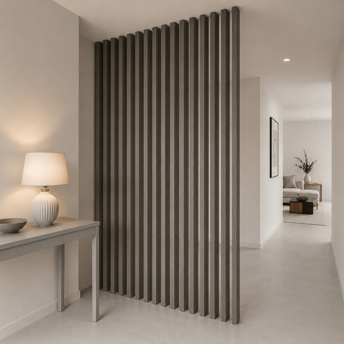 Viga WPC Gris instalada en techo moderno minimalista | SRJ Tu Hogar Uruguay