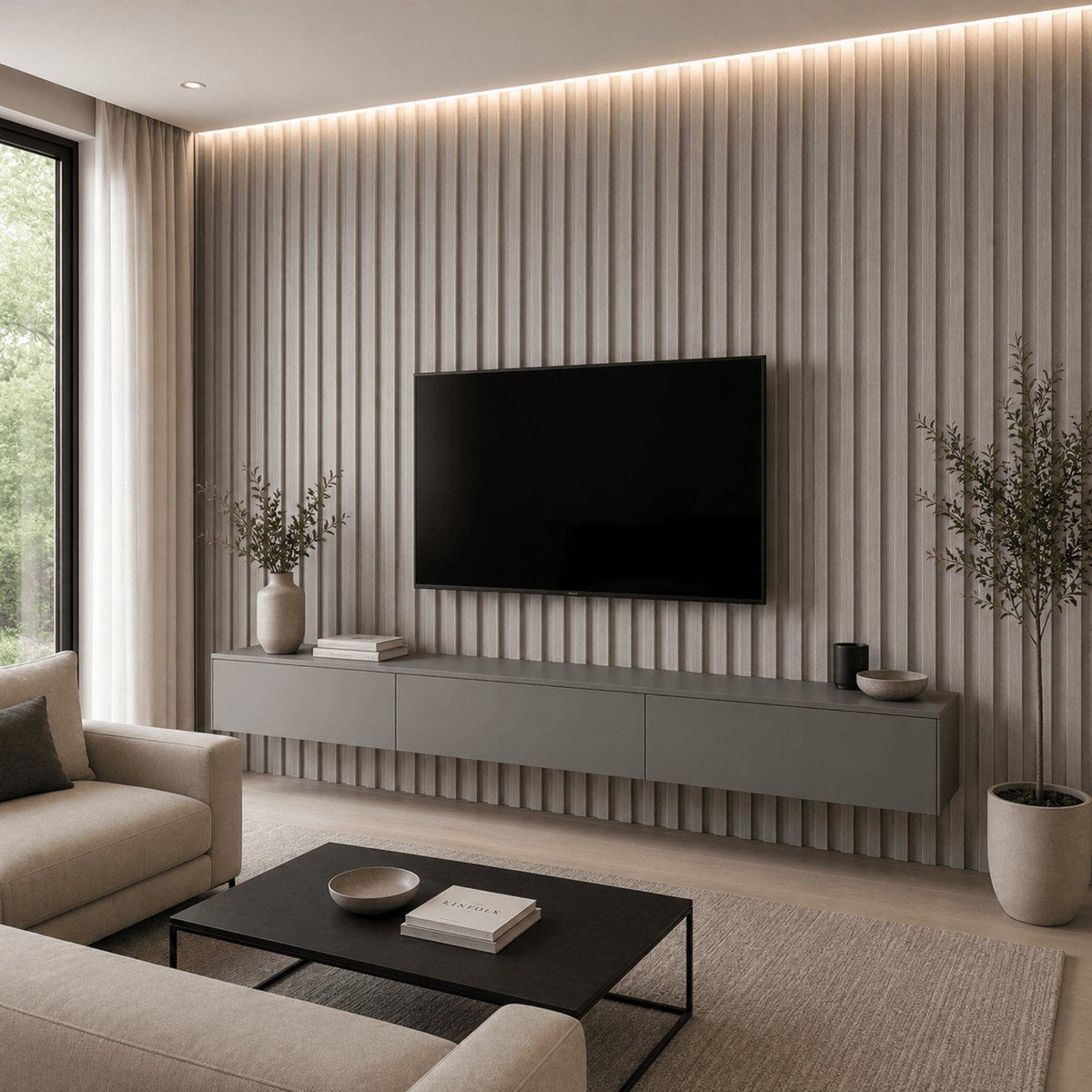 Panel WPC interior Gris Ceniza instalado en living moderno | SRJ Tu Hogar Uruguay