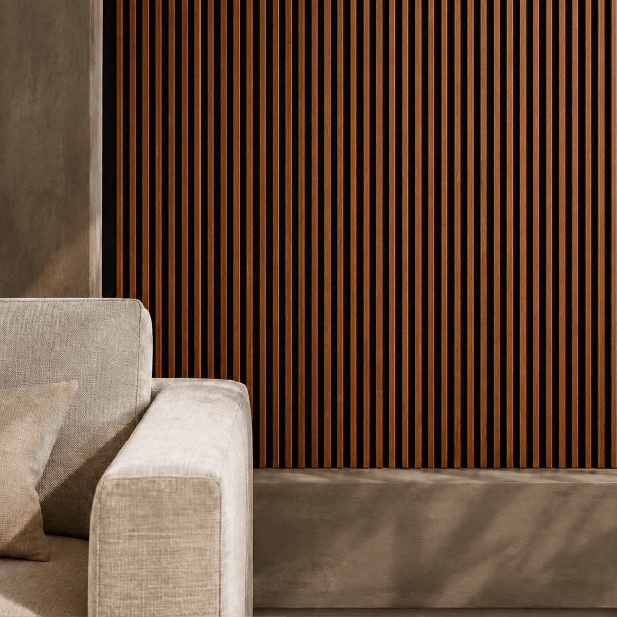 Panel WPC interior Nogal Fondo Negro pared decorativa lounge | SRJ Tu Hogar Uruguay